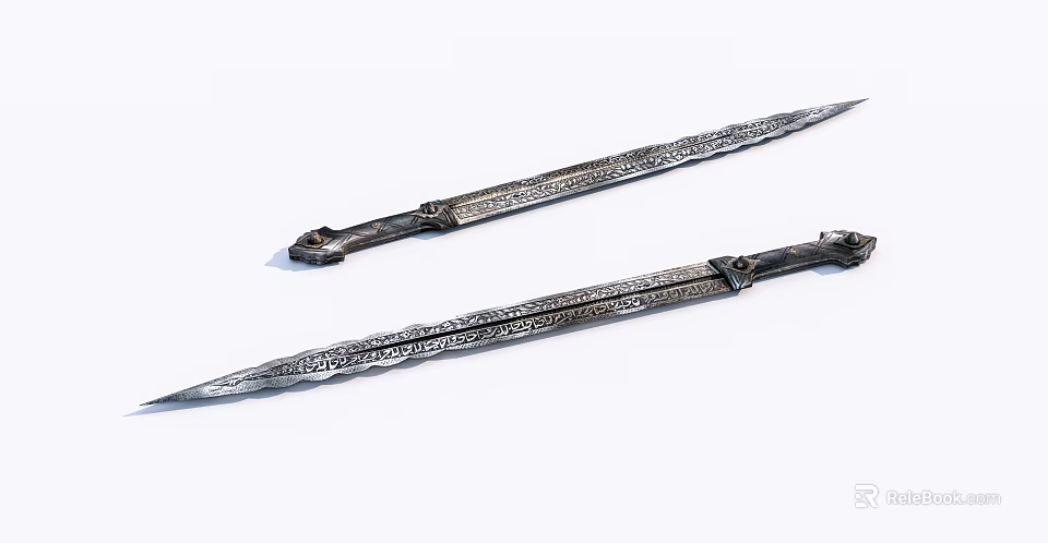 Ancient Swords With Intricate Carvings On Metallic Blades And Decorative Handles 3d model 