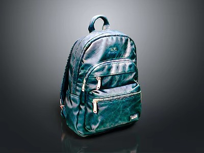 Stylish Teal Shiny Backpack With Zipper Pockets And Brand Logo Design Detail 3d model