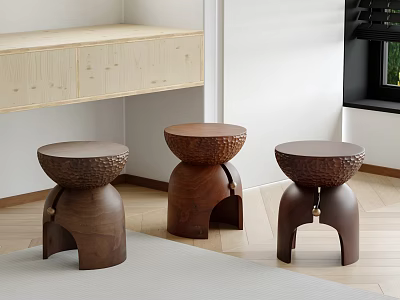 Three Solid Wood Textured Stools In Room Interior With Wooden Cabinet And Window 3d model