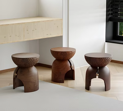 Three Solid Wood Textured Stools In Room Interior With Wooden Cabinet And Window 3d model