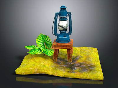 Wooden Stool With Blue Kerosene Lamp And Green Leaf On Yellow Textured Ground 3d model