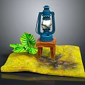 Wooden Stool With Blue Kerosene Lamp And Green Leaf On Yellow Textured Ground