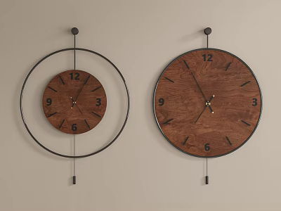 Two Wooden Wall Clocks With Metal Ring And Pendulum For Living Room Decor 3d model
