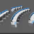 Curved Desk and Chair Set with Blue Screens for Modern Office Workstation
