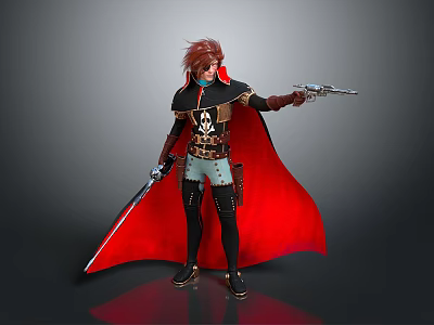 Game And Movie Character Red Haired Black Skull Top Red Cape Holding Sword And Gun 3d model
