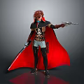 Game And Movie Character Red Haired Black Skull Top Red Cape Holding Sword And Gun