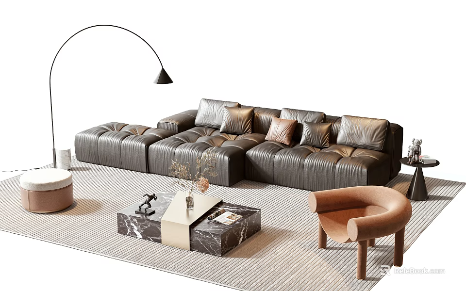Modern Leather L shaped Sofa and Marble Top Coffee Table Set with Decorative Cushions 3d model 