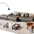 Modern Leather L shaped Sofa and Marble Top Coffee Table Set with Decorative Cushions