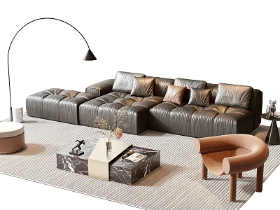 Modern Leather L shaped Sofa and Marble Top Coffee Table Set with Decorative Cushions 3d model