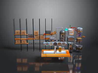 Industrial Workshop Setup With Metal Shelves Cardboard Boxes Bottles And Machinery 3d model