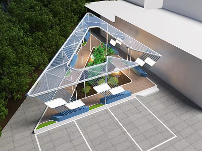 Triangular Architectural Structure With Glass Panels Metal Frame Green Plants And Outdoor Seating 3d model