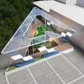 Triangular Architectural Structure With Glass Panels Metal Frame Green Plants And Outdoor Seating