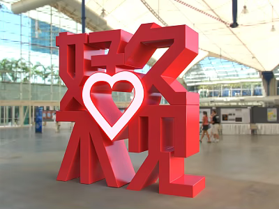 Red 3D Chinese Characters Art Installation Featuring White Heart Shape In Indoor Hall 3d model