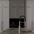 Stylish Gray Kitchen Cabinets In Modern Interior With Glass Door Marble Countertop And Central Island