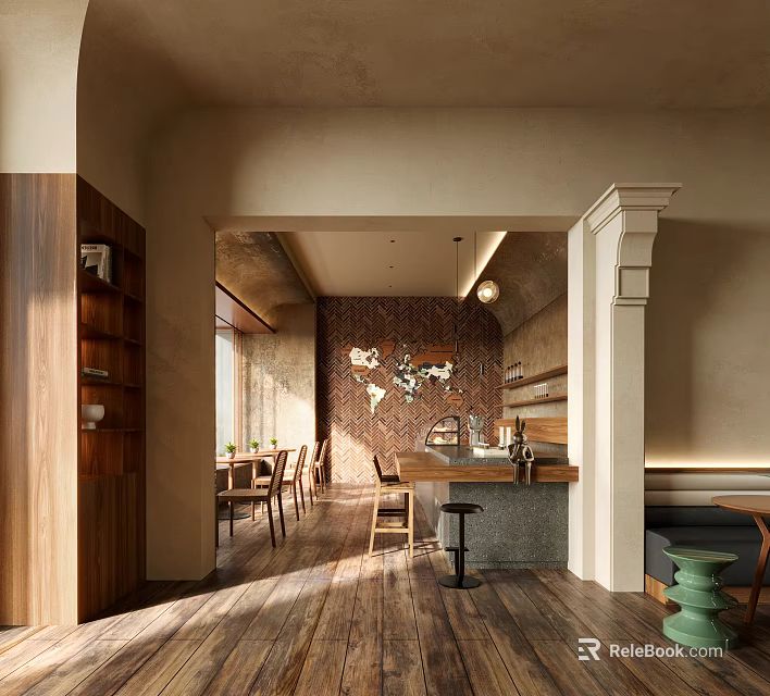 Cozy Café Interior Design With Wooden Bar Counter Decorative Wall Seating And Natural Light 3d model 