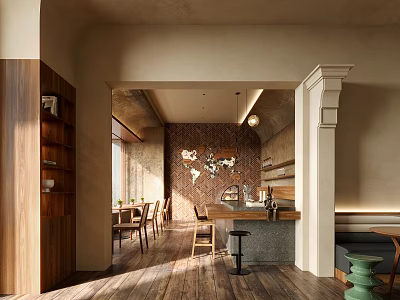 Cozy Café Interior Design With Wooden Bar Counter Decorative Wall Seating And Natural Light 3d model