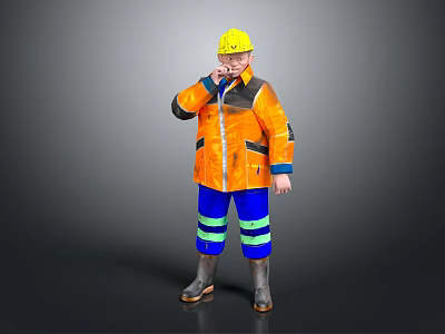 Man Wearing Yellow Hard Hat Orange Jacket Blue Pants With Green Reflective Stripes Rain Boots 3d model