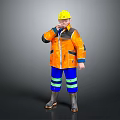 Man Wearing Yellow Hard Hat Orange Jacket Blue Pants With Green Reflective Stripes Rain Boots