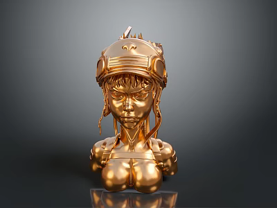 Golden Game Movie Character Sculpture With Mechanical Helmet Female Upper Body Shiny Surface 3d model
