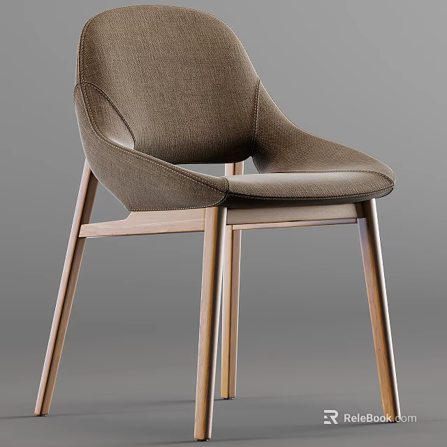 Modern Dining Chair with Brown Fabric Upholstery and Curved Wooden Legs 3d model 