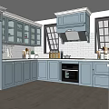 Modern Light Blue Kitchen Interior With Stainless Steel Refrigerator Black Range Hood And White Countertops