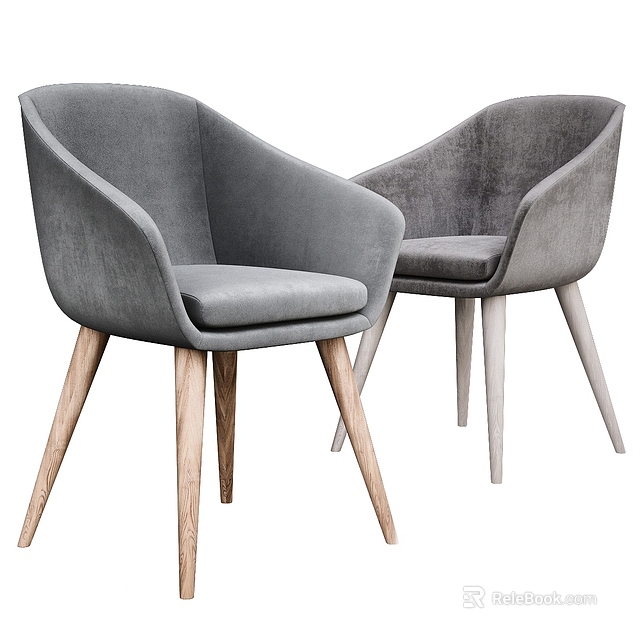 Modern Gray Velvet Single Chairs With Wooden Legs And Armrests Design 3d model 