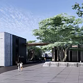 Modern Sales Office Building Featuring Glass Curtain Walls Gray Stone Green Plants And Lawn Entrance