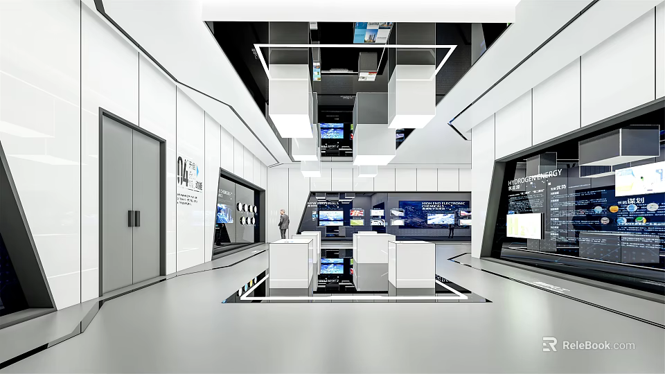 Modern Exhibition Hall Interior With Display Stands Digital Screens And Ceiling Lighting 3d model 