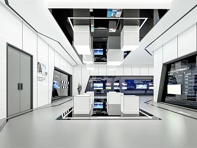 Modern Exhibition Hall Interior With Display Stands Digital Screens And Ceiling Lighting 3d model