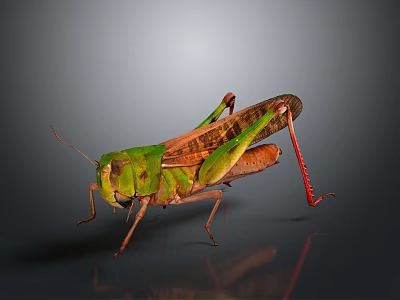 Green and Brown Grasshopper with Red Legs on Gray Reflective Surface 3d model