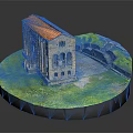 Cartoon Scenery Featuring Brown Building Red Roof Arched Windows Green Grass Stone Steps Circular Base