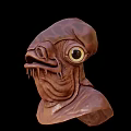 3D Rendered Alien Creature Head With Large Single Eye Brown Textured Skin And Sharp Teeth