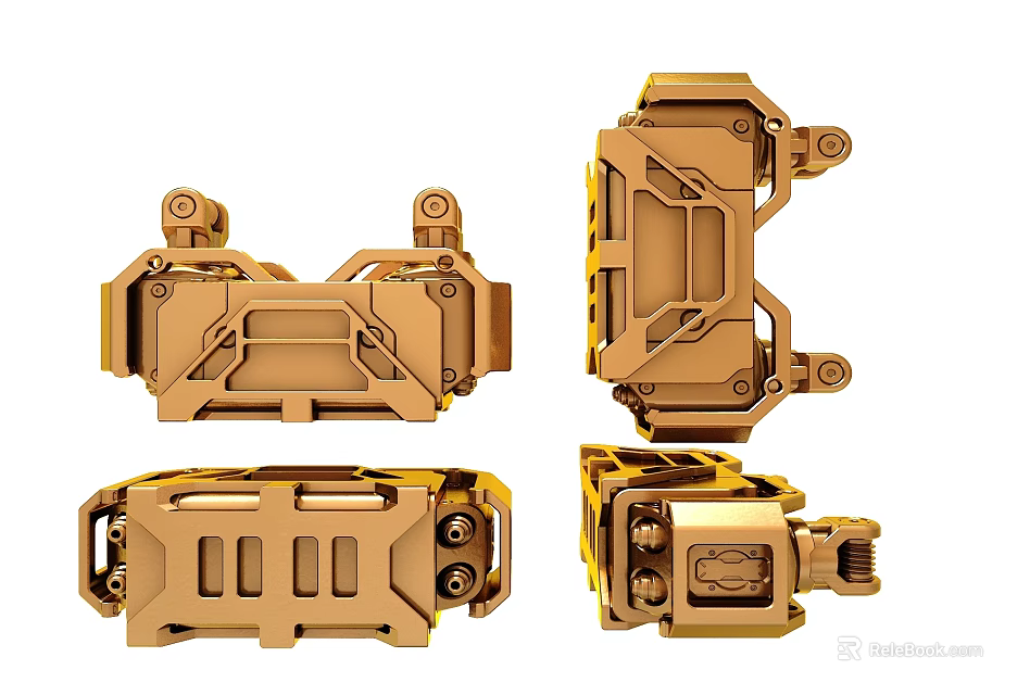 Golden Mechanical Metal Components Displayed From Various Angles In Design 3d model