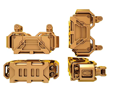 Golden Mechanical Metal Components Displayed From Various Angles In Design 3d model