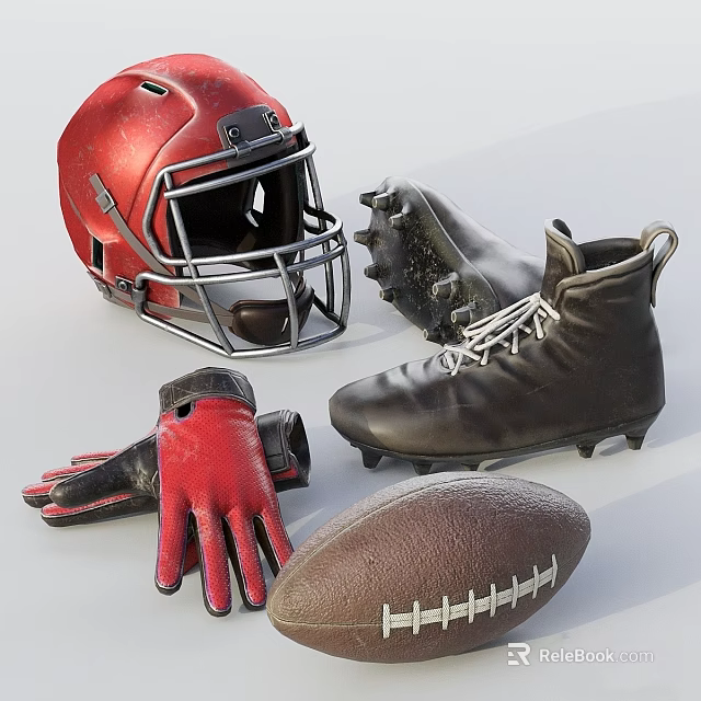 Essential Sports Equipment Collection Featuring Red Helmet Cleated Football Boots Gloves And Football 3d model 