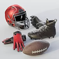 Essential Sports Equipment Collection Featuring Red Helmet Cleated Football Boots Gloves And Football