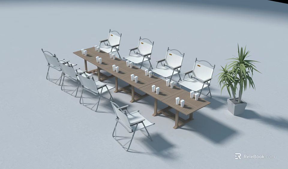 Outdoor Dining Table With White Chairs Cups And Potted Plant For Garden Patio 3d model 