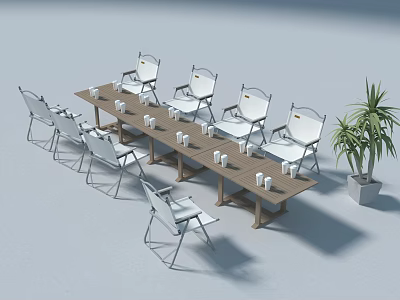 Outdoor Dining Table With White Chairs Cups And Potted Plant For Garden Patio 3d model