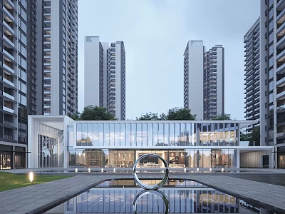Modern High Rise Residential Buildings Exterior With Glass Curtain Walls Landscaped Courtyard And Water Feature 3d model