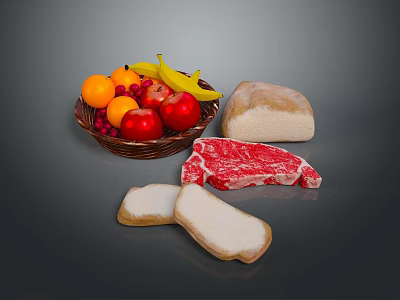 Fresh Assorted Food With Fruit Basket Bread Raw Beef Steak And Cheese Slices 3d model