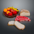Fresh Assorted Food With Fruit Basket Bread Raw Beef Steak And Cheese Slices