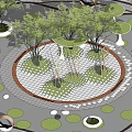 Modern Circular Square Landscape With Trees Grid Paving Decorative Rocks And White Installations 3d model
