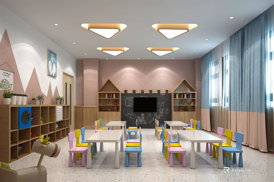 Colorful Children's Classroom Interior With Colorful Tables Chairs Bookshelves TV And Ceiling Lights 3d model 