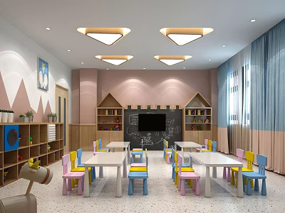 Colorful Children's Classroom Interior With Colorful Tables Chairs Bookshelves TV And Ceiling Lights 3d model