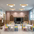 Colorful Children's Classroom Interior With Colorful Tables Chairs Bookshelves TV And Ceiling Lights