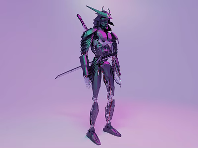 Smart Robot Warrior With Mechanical Armor Holding Traditional Sword And Futuristic Design 3d model