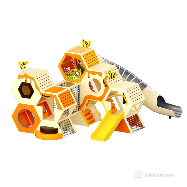 Kids Playground Featuring Honeycomb Shaped Climbing Structures Yellow Slide And Bee Decorations 3d model 