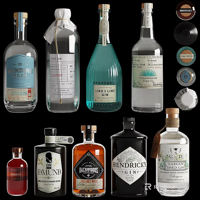 Display of Various Wine Bottles and Glasses with Assorted Labels and Styles 3d model 