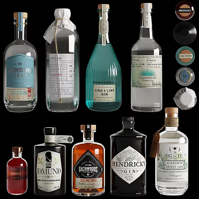 Display of Various Wine Bottles and Glasses with Assorted Labels and Styles 3d model