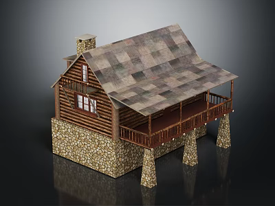 Log Cabin Architecture With Multi Colored Tiled Roof Stone Foundation And Wooden Porch 3d model